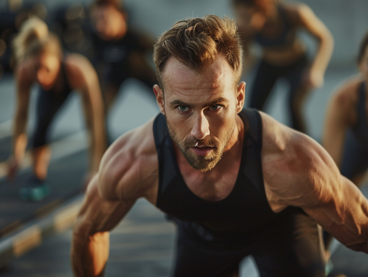 Група людей різного віку займається фітнесом у залі